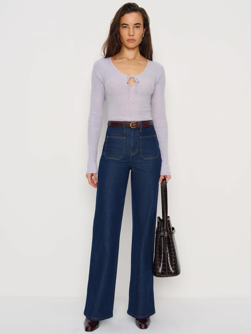 Reformation Aimee Alpaca Tie-Front Ribbed Sweater in Light Lavender NWT